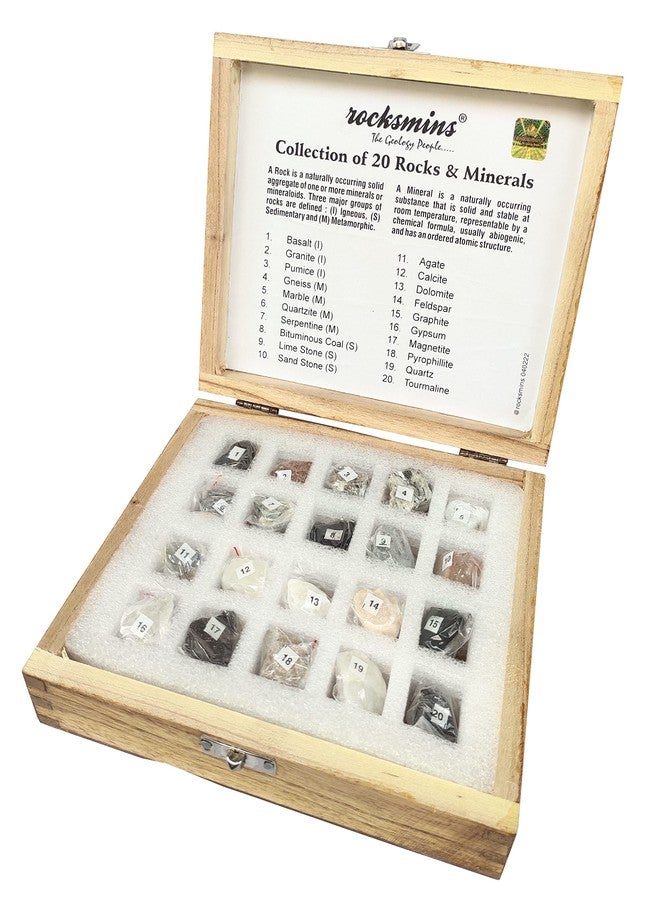 Rocksmins Collection of 20 Rocks & Minerals (10 Rock+10 Mineral) Specimens in Wooden Box for School Education Samples Collections Mineral Memory Activity Geology Great Educational STEM Toys Kids - Image 3